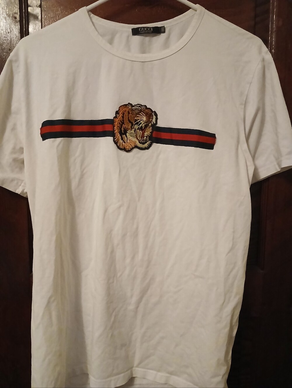 Gucci White Tee with Navy and Red Stripe and Tiger Patch